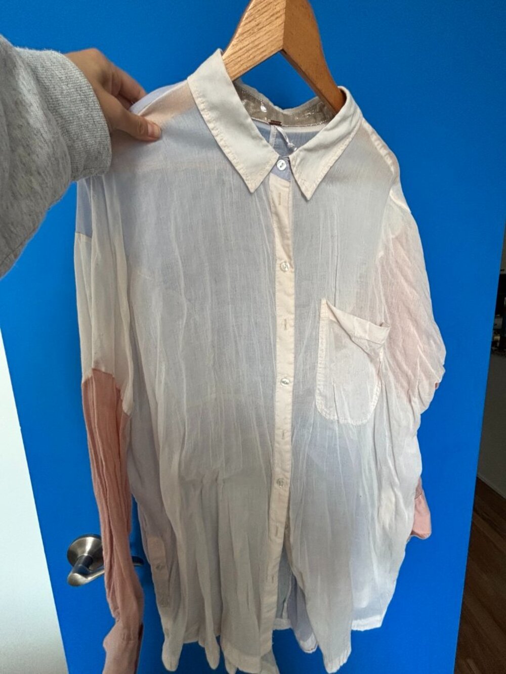 Free People; button down; Size L; metallic, off white, blue, light terracotta